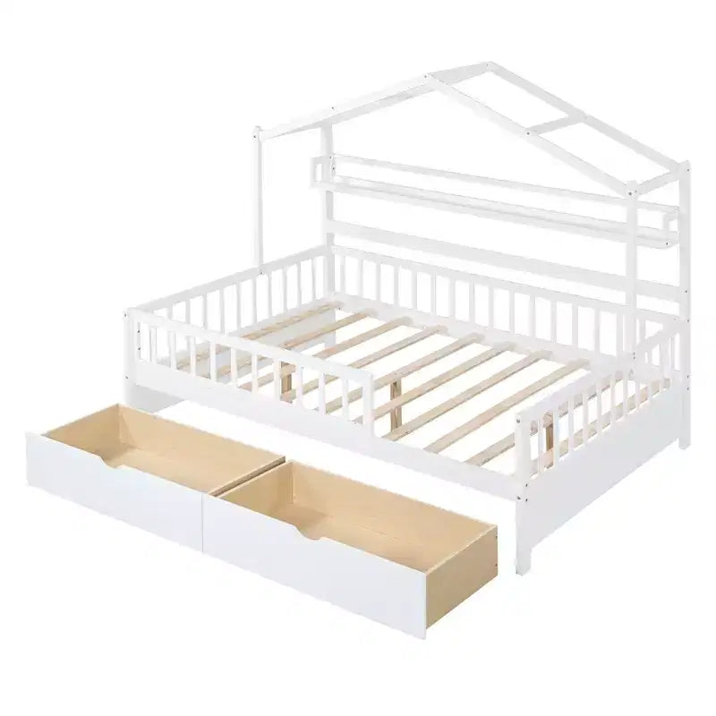 Lit plateforme pleine grandeur pour enfants avec tiroirs et étagères de rangement, cadre de lit cabane en bois avec barrières pour filles et garçons, blanc