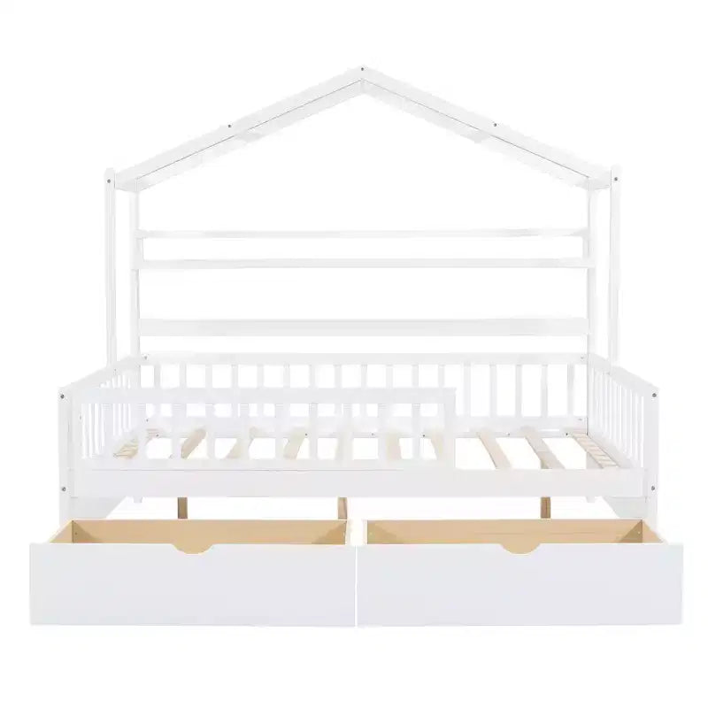 Lit plateforme pleine grandeur pour enfants avec tiroirs et étagères de rangement, cadre de lit cabane en bois avec barrières pour filles et garçons, blanc