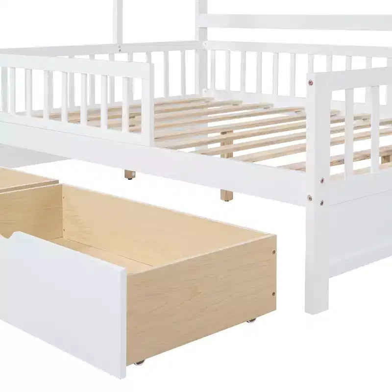 Lit plateforme pleine grandeur pour enfants avec tiroirs et étagères de rangement, cadre de lit cabane en bois avec barrières pour filles et garçons, blanc