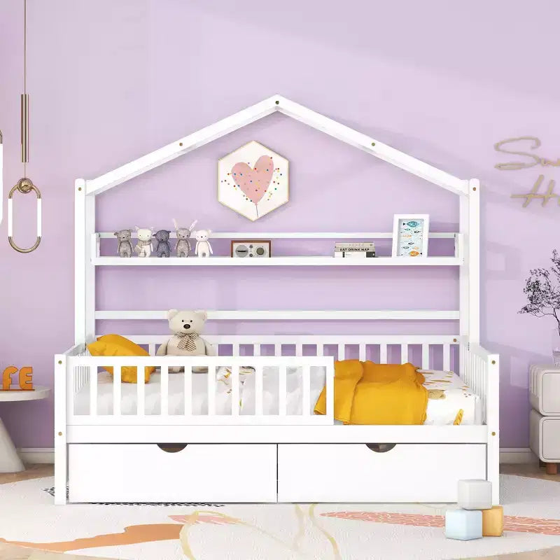 Lit plateforme pleine grandeur pour enfants avec tiroirs et étagères de rangement, cadre de lit cabane en bois avec barrières pour filles et garçons, blanc
