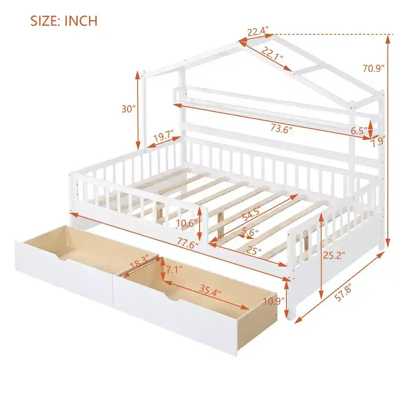 Lit plateforme pleine grandeur pour enfants avec tiroirs et étagères de rangement, cadre de lit cabane en bois avec barrières pour filles et garçons, blanc