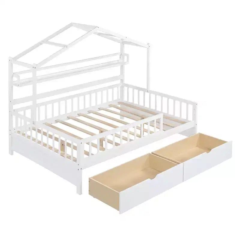 Lit plateforme pleine grandeur pour enfants avec tiroirs et étagères de rangement, cadre de lit cabane en bois avec barrières pour filles et garçons, blanc
