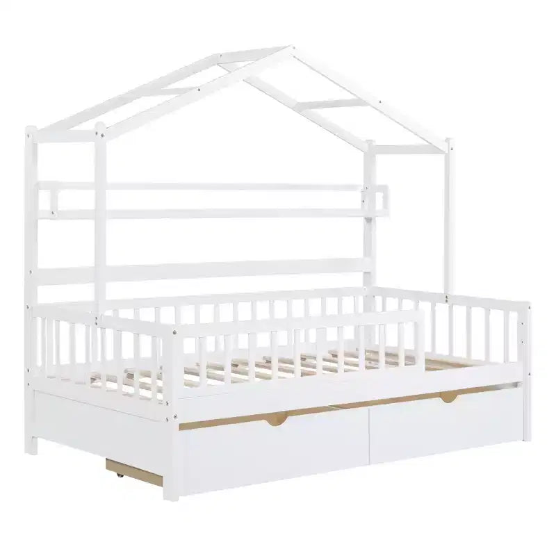 Lit plateforme pleine grandeur pour enfants avec tiroirs et étagères de rangement, cadre de lit cabane en bois avec barrières pour filles et garçons, blanc