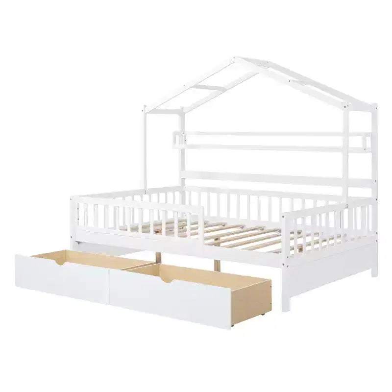 Lit plateforme pleine grandeur pour enfants avec tiroirs et étagères de rangement, cadre de lit cabane en bois avec barrières pour filles et garçons, blanc