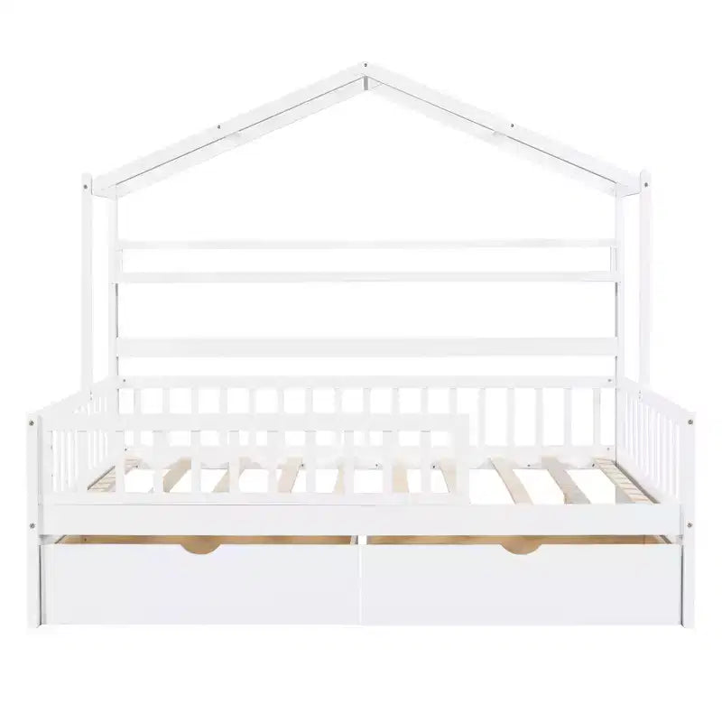 Lit plateforme pleine grandeur pour enfants avec tiroirs et étagères de rangement, cadre de lit cabane en bois avec barrières pour filles et garçons, blanc