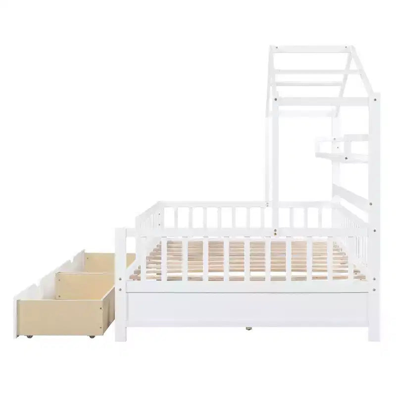 Lit plateforme pleine grandeur pour enfants avec tiroirs et étagères de rangement, cadre de lit cabane en bois avec barrières pour filles et garçons, blanc