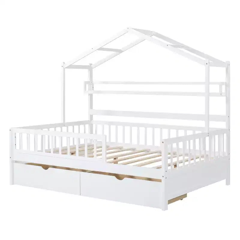 Lit plateforme pleine grandeur pour enfants avec tiroirs et étagères de rangement, cadre de lit cabane en bois avec barrières pour filles et garçons, blanc
