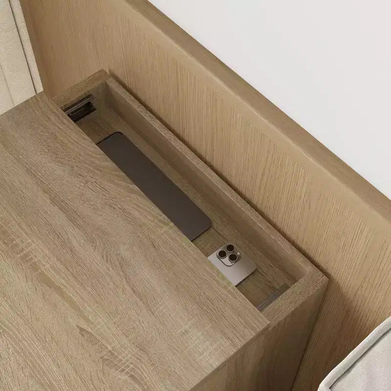 Table de chevet chêne clair intelligent avec tiroir caché, trappe supérieure avec serrure NFC et tiroir inférieur à ouverture par pression, table d'appoint pour chambre et salon