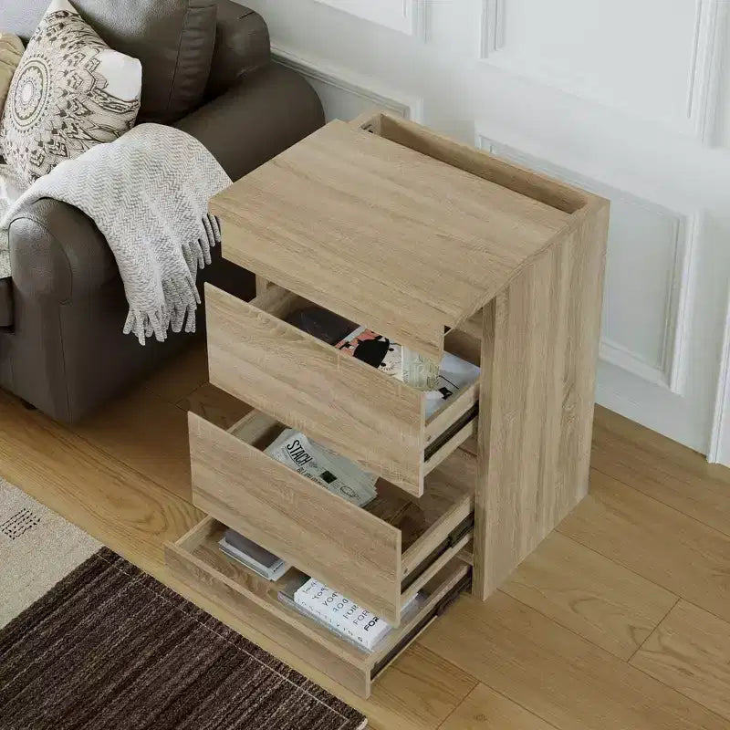 Table de chevet chêne clair intelligent avec tiroir caché, trappe supérieure avec serrure NFC et tiroir inférieur à ouverture par pression, table d'appoint pour chambre et salon