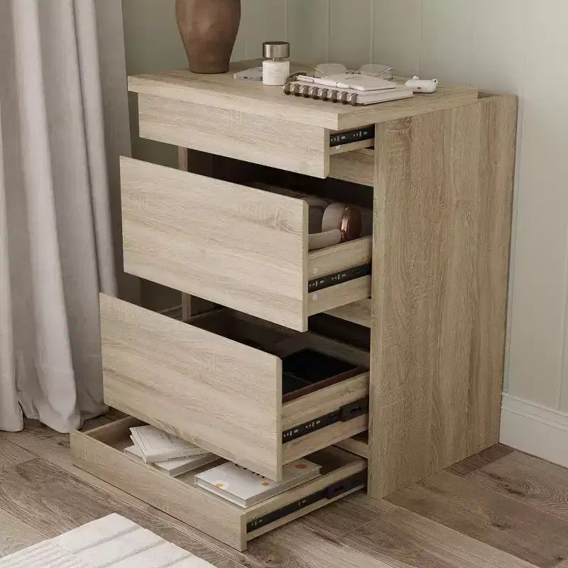 Table de chevet chêne clair intelligent avec tiroir caché, trappe supérieure avec serrure NFC et tiroir inférieur à ouverture par pression, table d'appoint pour chambre et salon