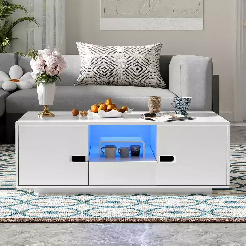 Table basse rectangulaire moderne brillante, table basse élégante avec espace de rangement, meuble d'appoint avec lumières LED 16 couleurs pour salon
