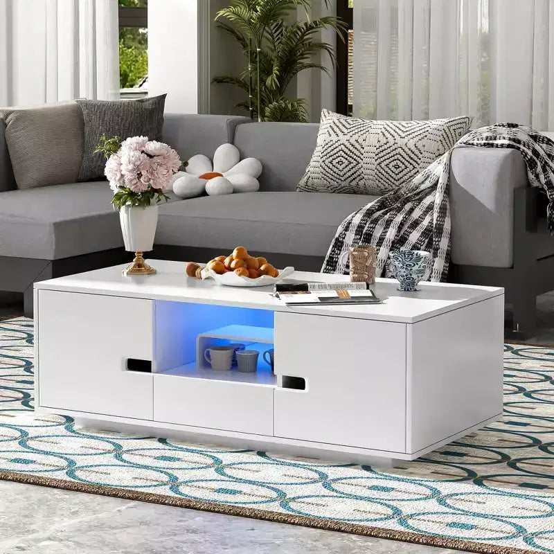 Table basse rectangulaire moderne brillante, table basse élégante avec espace de rangement, meuble d'appoint avec lumières LED 16 couleurs pour salon