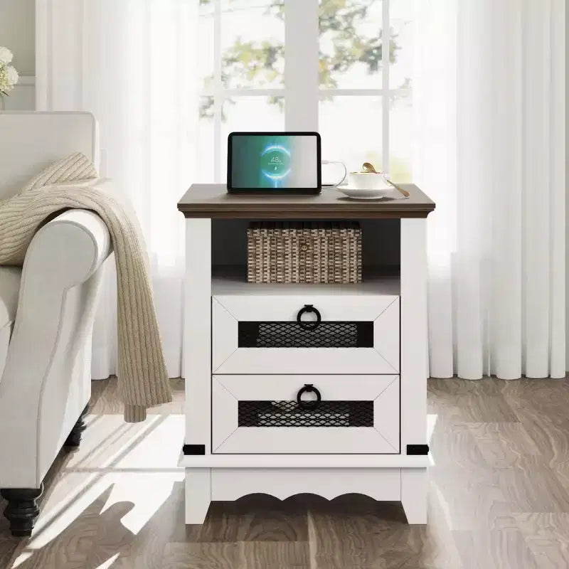 Table de chevet de ferme avec station de recharge, tiroir, compartiment ouvert, pour chambre à coucher ou salon