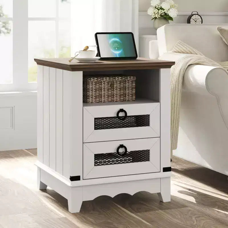 Table de chevet de ferme avec station de recharge, tiroir, compartiment ouvert, pour chambre à coucher ou salon