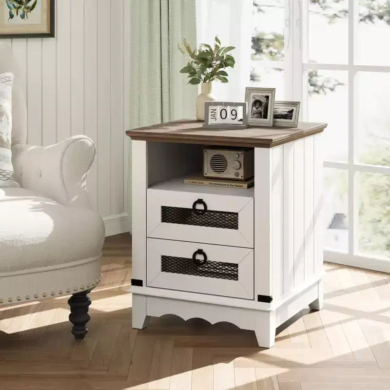 Table de chevet de ferme avec station de recharge, tiroir, compartiment ouvert, pour chambre à coucher ou salon
