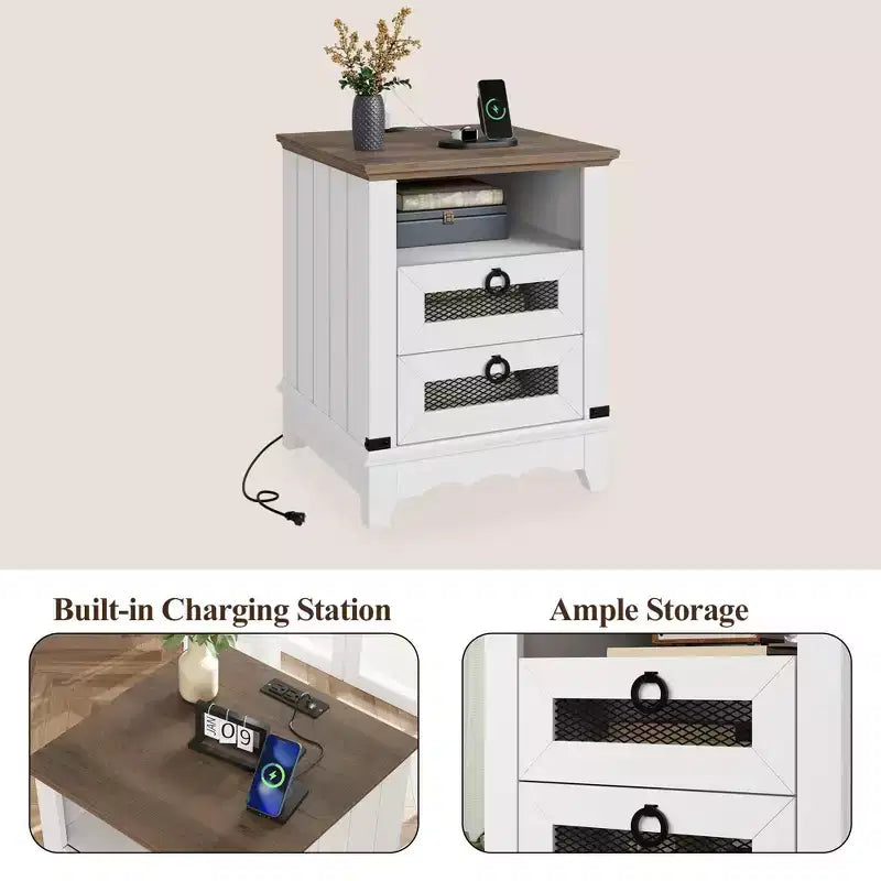 Table de chevet de ferme avec station de recharge, tiroir, compartiment ouvert, pour chambre à coucher ou salon