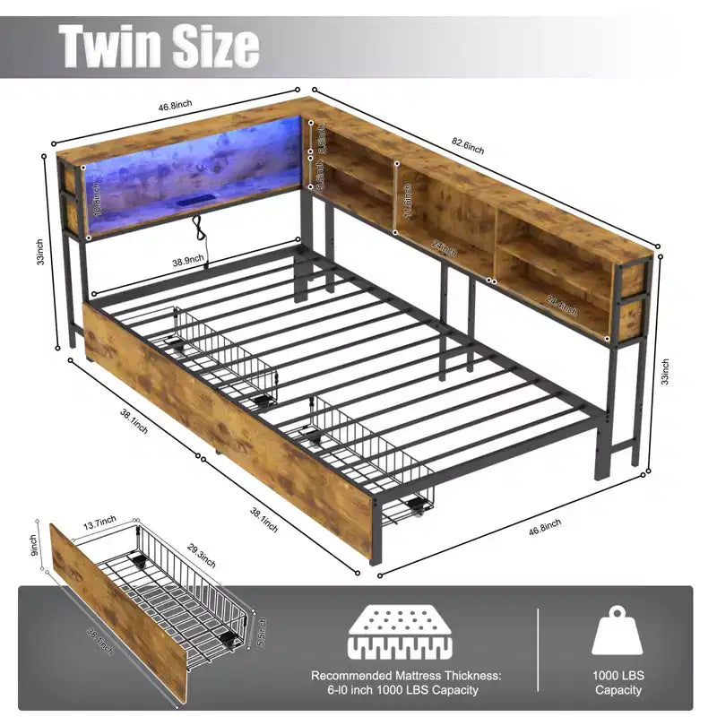Lit de repos d'angle pour enfants avec bibliothèque de rangement et lumière LED, lit plateforme moderne avec bibliothèque, aucun sommier tapissier requis
