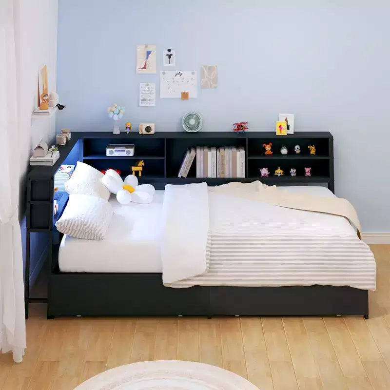 Lit de repos d'angle pour enfants avec bibliothèque de rangement et lumière LED, lit plateforme moderne avec bibliothèque, aucun sommier tapissier requis