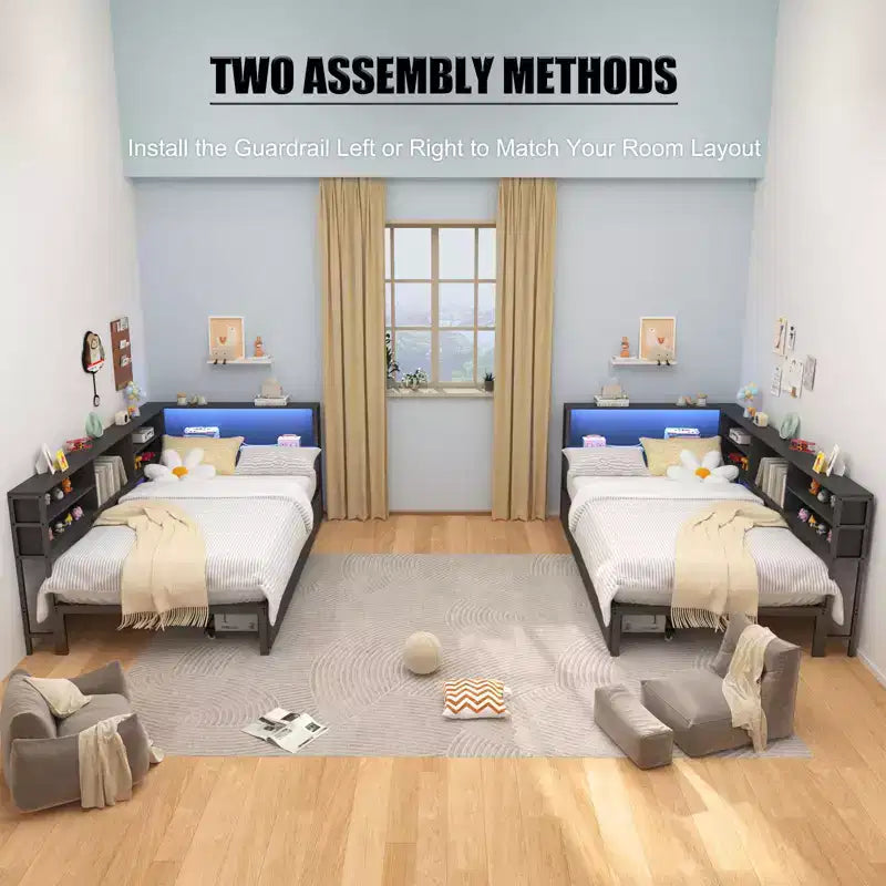 Lit de repos d'angle pour enfants avec bibliothèque de rangement et lumière LED, lit plateforme moderne avec bibliothèque, aucun sommier tapissier requis