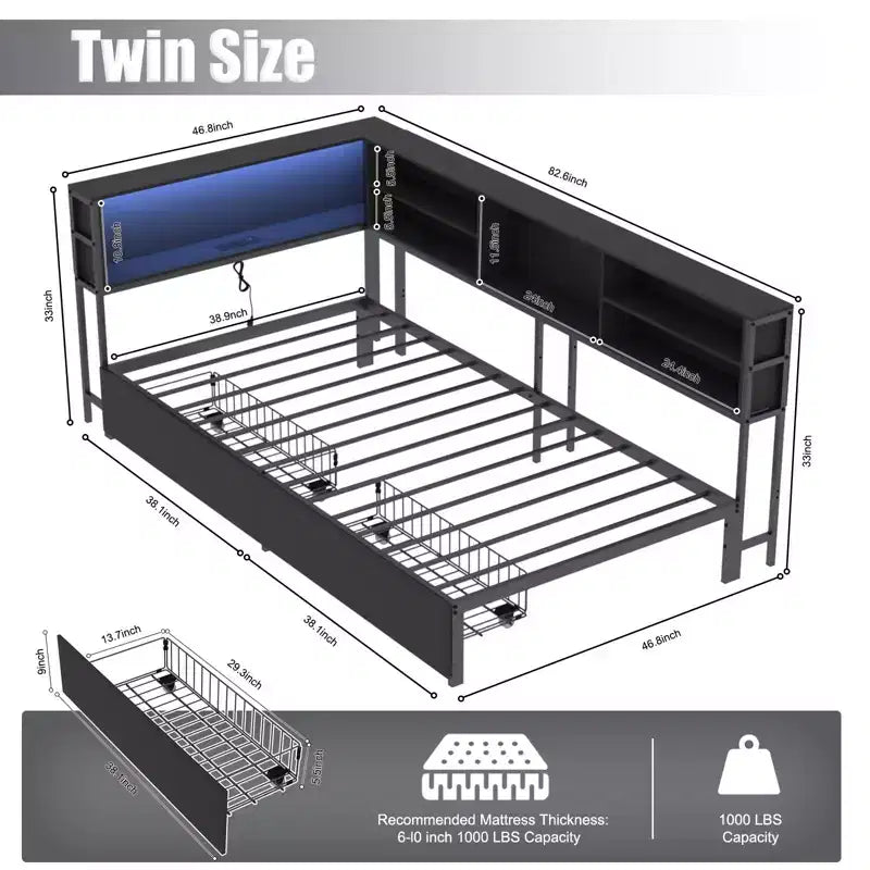 Lit de repos d'angle pour enfants avec bibliothèque de rangement et lumière LED, lit plateforme moderne avec bibliothèque, aucun sommier tapissier requis