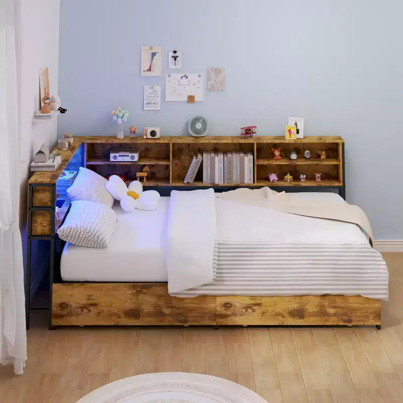 Lit de repos d'angle pour enfants avec bibliothèque de rangement et lumière LED, lit plateforme moderne avec bibliothèque, aucun sommier tapissier requis
