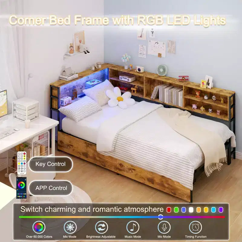 Lit de repos d'angle pour enfants avec bibliothèque de rangement et lumière LED, lit plateforme moderne avec bibliothèque, aucun sommier tapissier requis