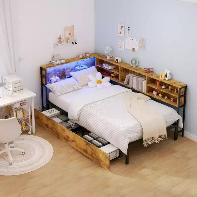 Lit de repos d'angle pour enfants avec bibliothèque de rangement et lumière LED, lit plateforme moderne avec bibliothèque, aucun sommier tapissier requis