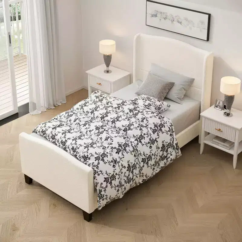 Cadre de lit plateforme en bois à dossier haut avec tête de lit capitonnée en tissu Teddy, lit moderne et doux, aucun sommier tapissier requis