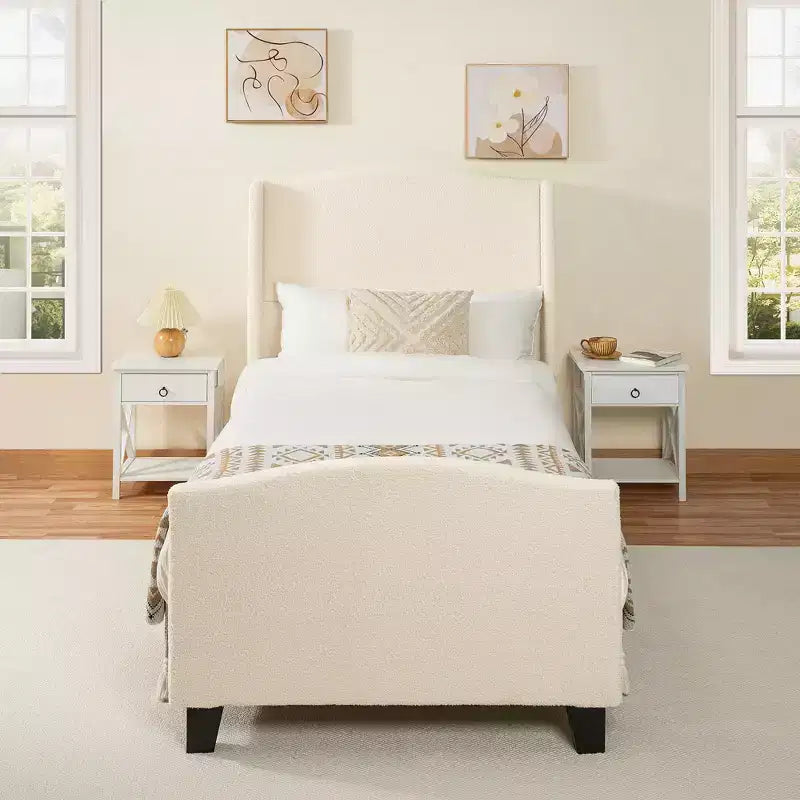 Cadre de lit plateforme en bois à dossier haut avec tête de lit capitonnée en tissu Teddy, lit moderne et doux, aucun sommier tapissier requis