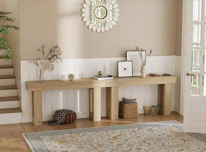 Console rectangulaire étroite de 160 cm, Table d'entrée en bois de style ferme pour couloir, hall d'entrée et salon, Table basse derrière le canapé