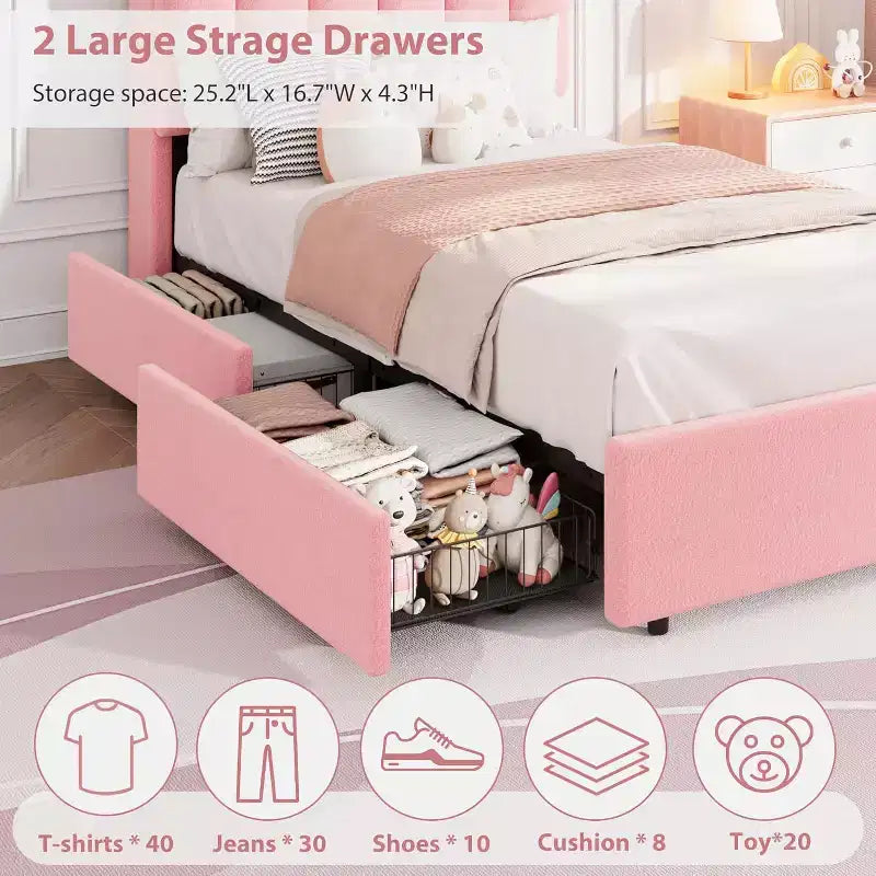 Cadre de lit double avec tête de lit de rangement, plateforme rembourrée en tissu bouclé avec 2 tiroirs, sommier tapissier non requis