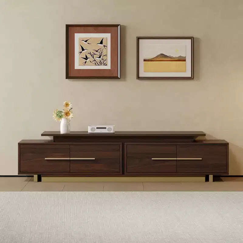 Meuble TV extensible de 161,0 cm à 240,0 cm pour téléviseurs jusqu'à 100 pouces, meuble média moderne du milieu du siècle avec finition noyer, base en acier inoxydable pour salon