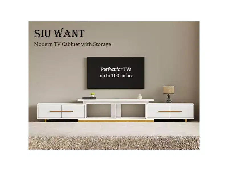 Meuble TV extensible de 161,0 cm à 240,0 cm pour téléviseurs jusqu'à 100 pouces, meuble média moderne du milieu du siècle avec finition noyer, base en acier inoxydable pour salon