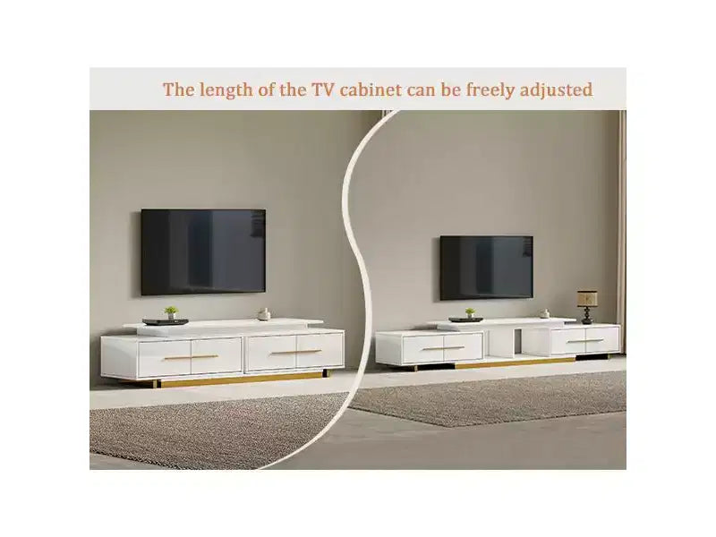 Meuble TV extensible de 161,0 cm à 240,0 cm pour téléviseurs jusqu'à 100 pouces, meuble média moderne du milieu du siècle avec finition noyer, base en acier inoxydable pour salon
