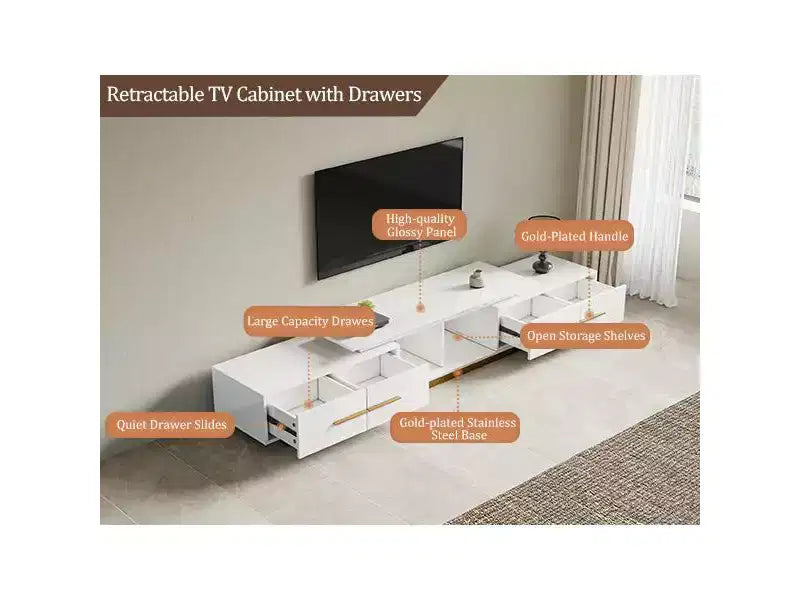 Meuble TV extensible de 161,0 cm à 240,0 cm pour téléviseurs jusqu'à 100 pouces, meuble média moderne du milieu du siècle avec finition noyer, base en acier inoxydable pour salon