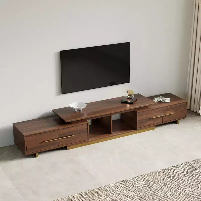 Meuble TV extensible de 161,0 cm à 240,0 cm pour téléviseurs jusqu'à 100 pouces, meuble média moderne du milieu du siècle avec finition noyer, base en acier inoxydable pour salon