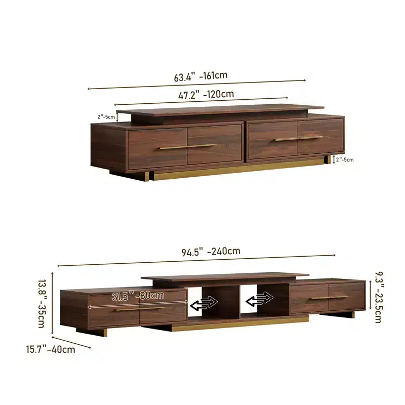 Meuble TV extensible de 161,0 cm à 240,0 cm pour téléviseurs jusqu'à 100 pouces, meuble média moderne du milieu du siècle avec finition noyer, base en acier inoxydable pour salon