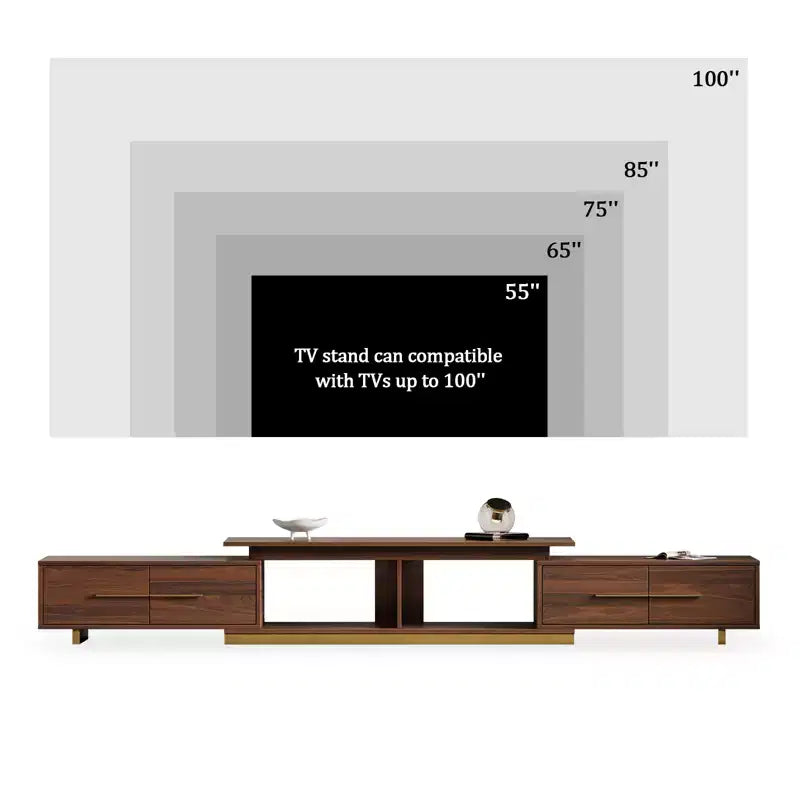 Meuble TV extensible de 161,0 cm à 240,0 cm pour téléviseurs jusqu'à 100 pouces, meuble média moderne du milieu du siècle avec finition noyer, base en acier inoxydable pour salon
