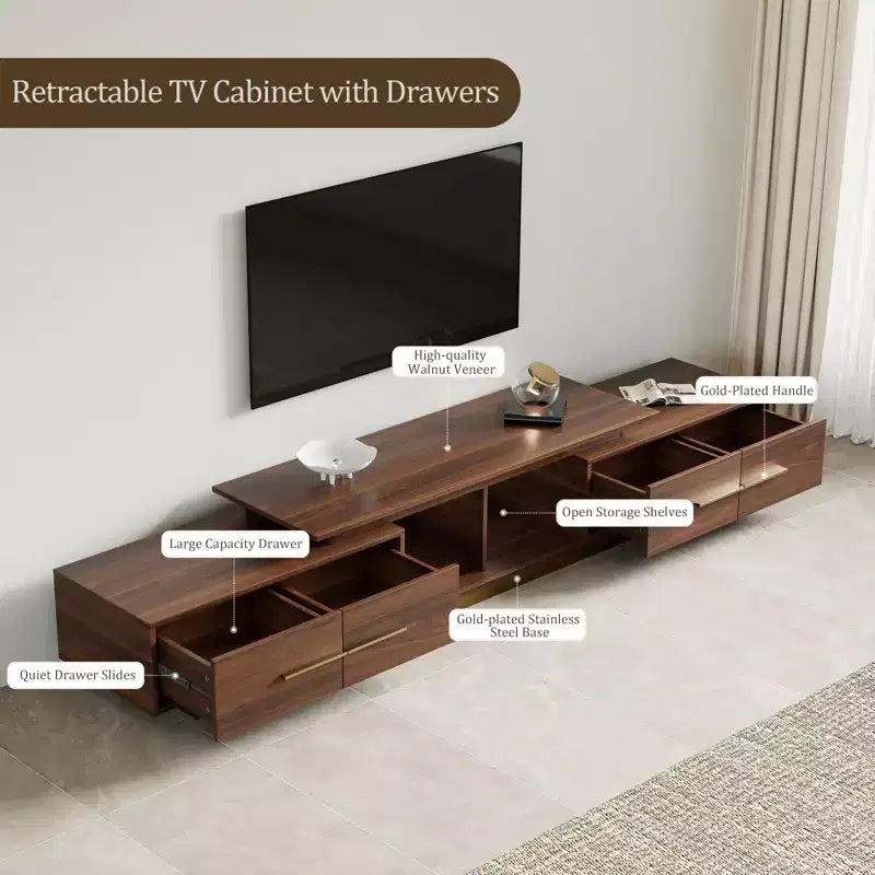 Meuble TV extensible de 161,0 cm à 240,0 cm pour téléviseurs jusqu'à 100 pouces, meuble média moderne du milieu du siècle avec finition noyer, base en acier inoxydable pour salon
