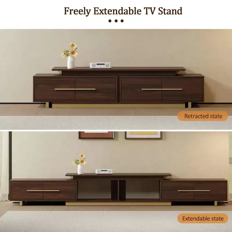 Meuble TV extensible de 161,0 cm à 240,0 cm pour téléviseurs jusqu'à 100 pouces, meuble média moderne du milieu du siècle avec finition noyer, base en acier inoxydable pour salon