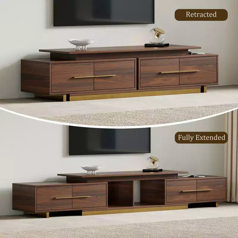 Meuble TV extensible de 161,0 cm à 240,0 cm pour téléviseurs jusqu'à 100 pouces, meuble média moderne du milieu du siècle avec finition noyer, base en acier inoxydable pour salon