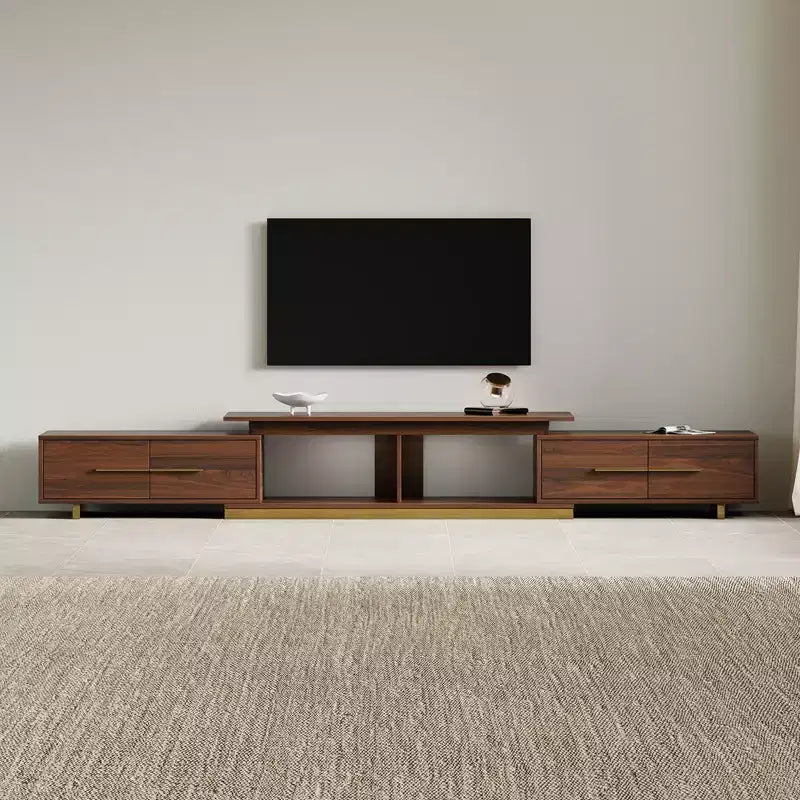 Meuble TV extensible de 161,0 cm à 240,0 cm pour téléviseurs jusqu'à 100 pouces, meuble média moderne du milieu du siècle avec finition noyer, base en acier inoxydable pour salon