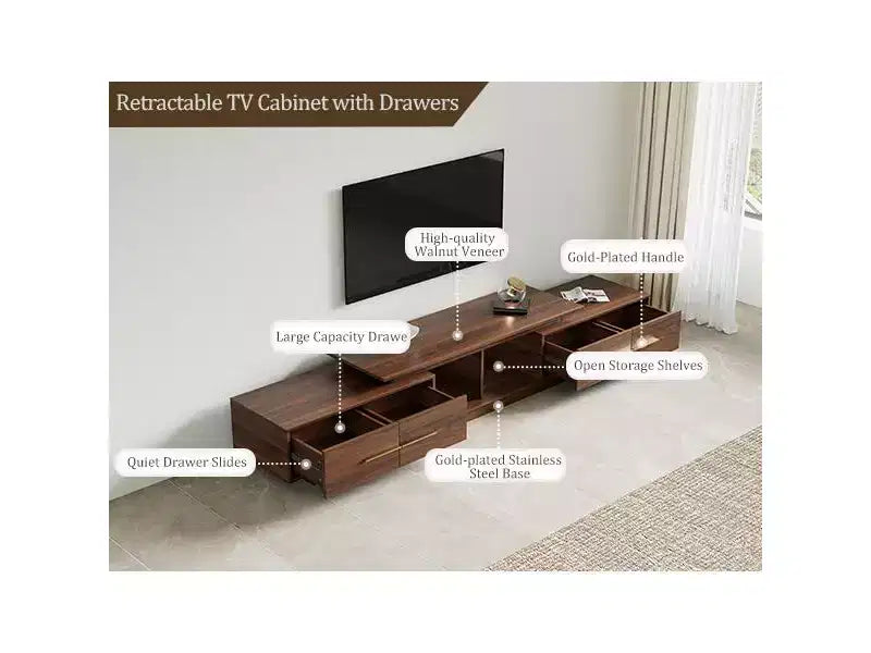 Meuble TV extensible de 161,0 cm à 240,0 cm pour téléviseurs jusqu'à 100 pouces, meuble média moderne du milieu du siècle avec finition noyer, base en acier inoxydable pour salon