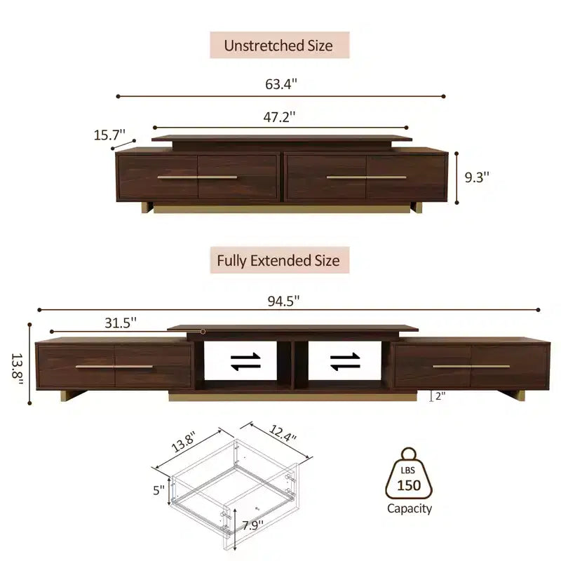 Meuble TV extensible de 161,0 cm à 240,0 cm pour téléviseurs jusqu'à 100 pouces, meuble média moderne du milieu du siècle avec finition noyer, base en acier inoxydable pour salon