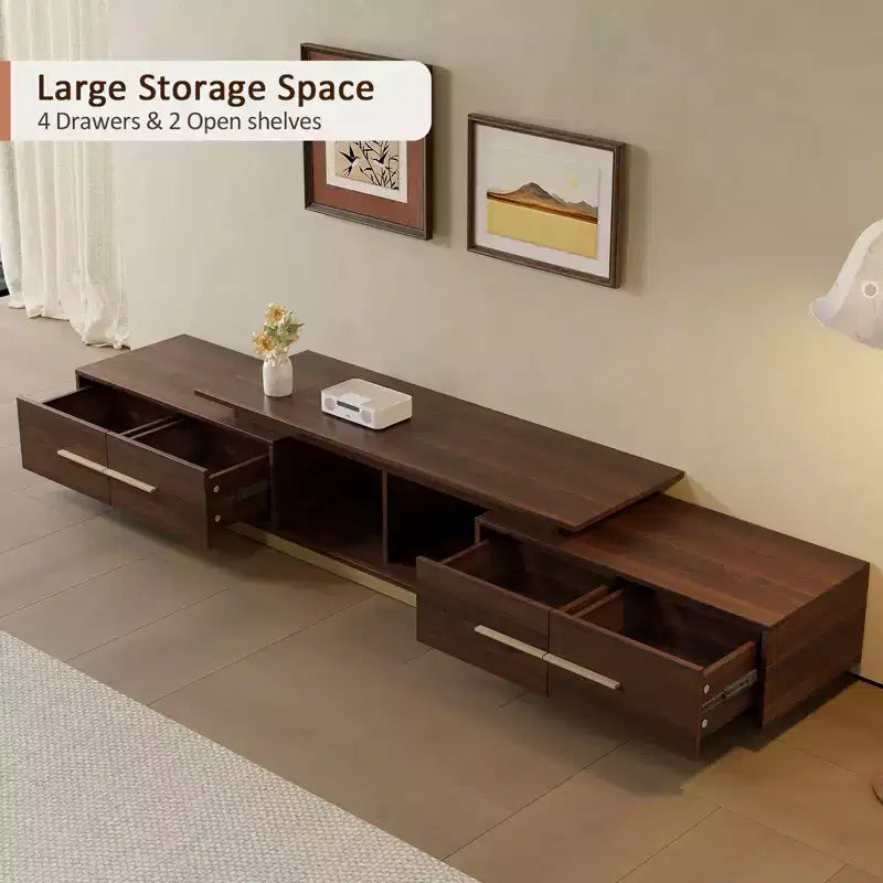 Meuble TV extensible de 161,0 cm à 240,0 cm pour téléviseurs jusqu'à 100 pouces, meuble média moderne du milieu du siècle avec finition noyer, base en acier inoxydable pour salon