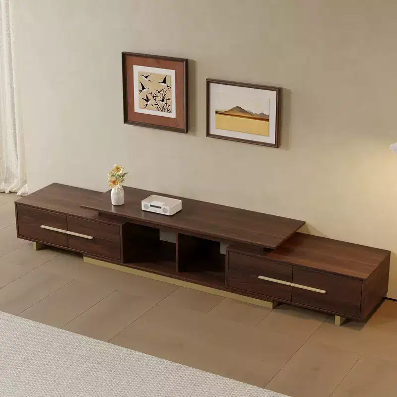 Meuble TV extensible de 161,0 cm à 240,0 cm pour téléviseurs jusqu'à 100 pouces, meuble média moderne du milieu du siècle avec finition noyer, base en acier inoxydable pour salon