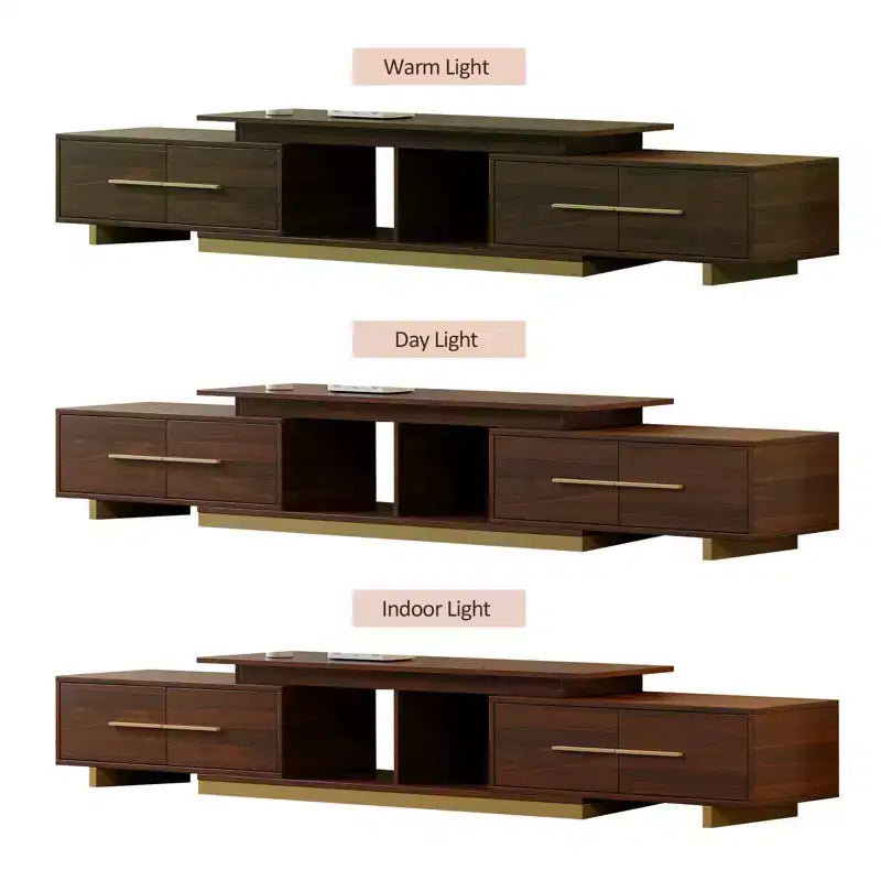 Meuble TV extensible de 161,0 cm à 240,0 cm pour téléviseurs jusqu'à 100 pouces, meuble média moderne du milieu du siècle avec finition noyer, base en acier inoxydable pour salon