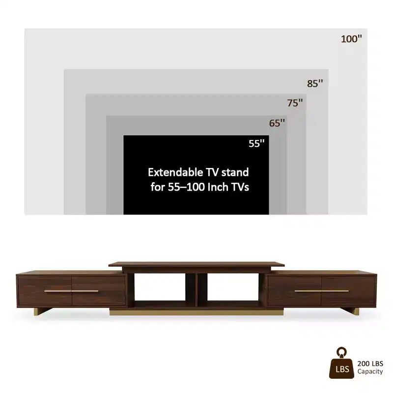 Meuble TV extensible de 161,0 cm à 240,0 cm pour téléviseurs jusqu'à 100 pouces, meuble média moderne du milieu du siècle avec finition noyer, base en acier inoxydable pour salon