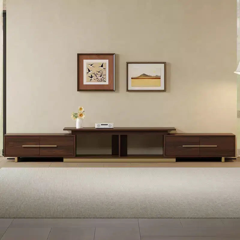 Meuble TV extensible de 161,0 cm à 240,0 cm pour téléviseurs jusqu'à 100 pouces, meuble média moderne du milieu du siècle avec finition noyer, base en acier inoxydable pour salon