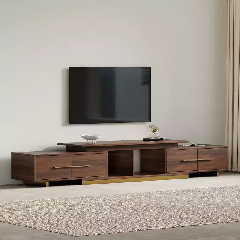 Meuble TV extensible de 161,0 cm à 240,0 cm pour téléviseurs jusqu'à 100 pouces, meuble média moderne du milieu du siècle avec finition noyer, base en acier inoxydable pour salon